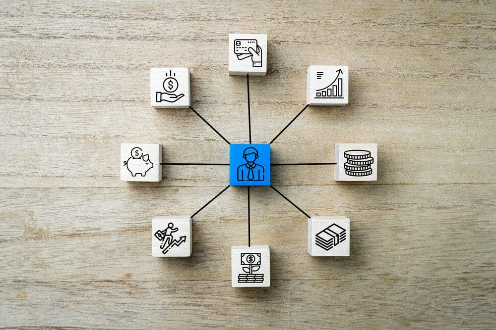 Personal money, finance and buisness icons or symbold on wooden square blocks